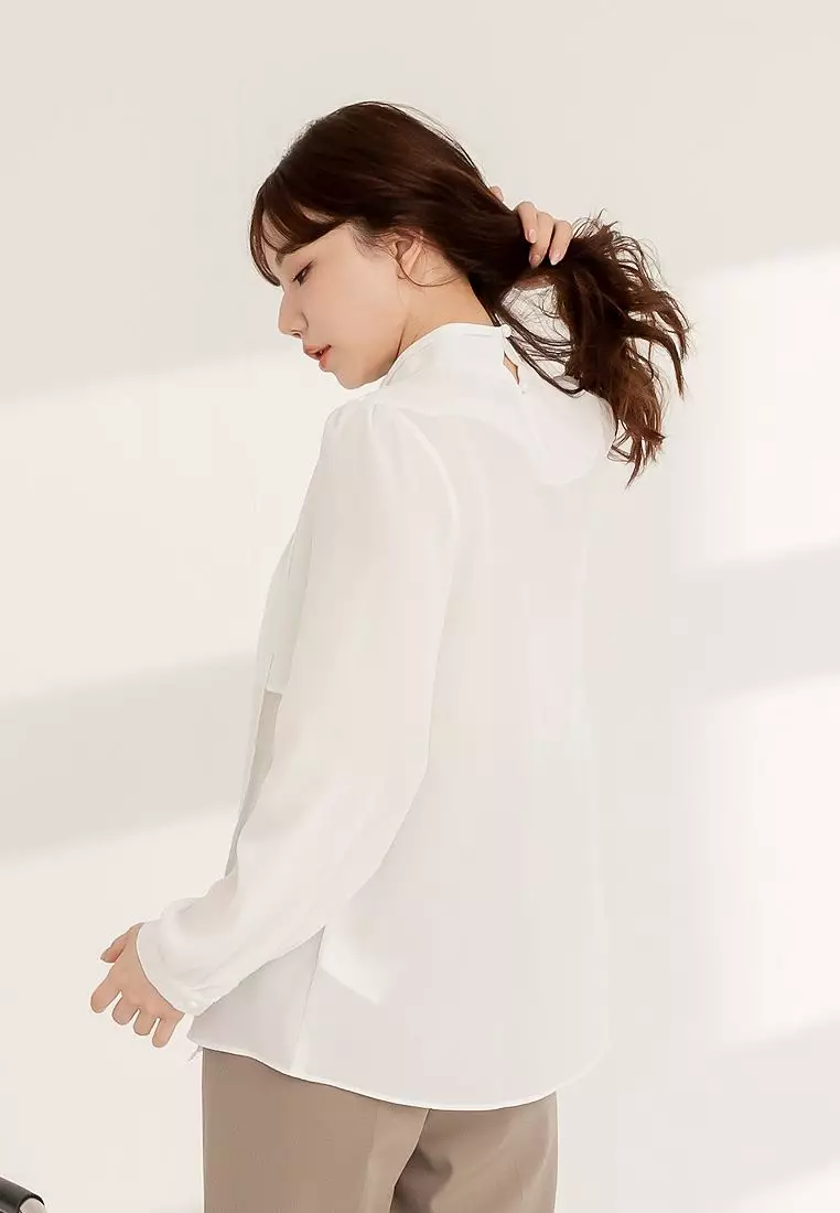 Pleated High-Neck Puff Sleeve Long Sleeve Blouse [AB19778]