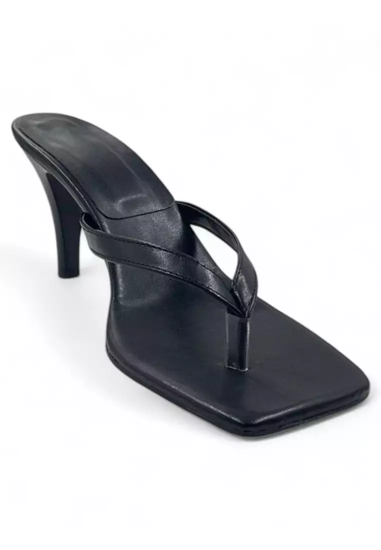 Black Square Toe Flip Flops Women Thin Heels Slippers Takss25To00096