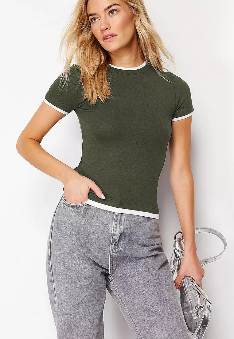 Khaki/Soft Fabric Color Block Stretchy Knitted T-Shirt