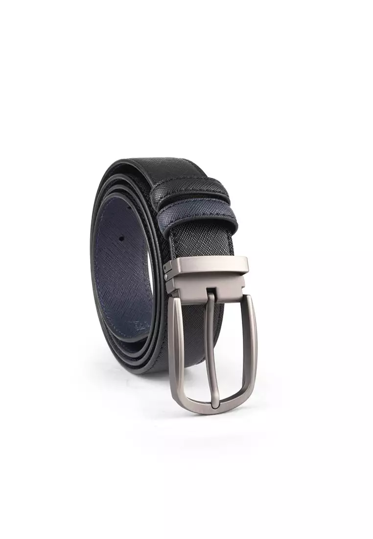 Reversible belt in navy blue suede and white tumbled leather