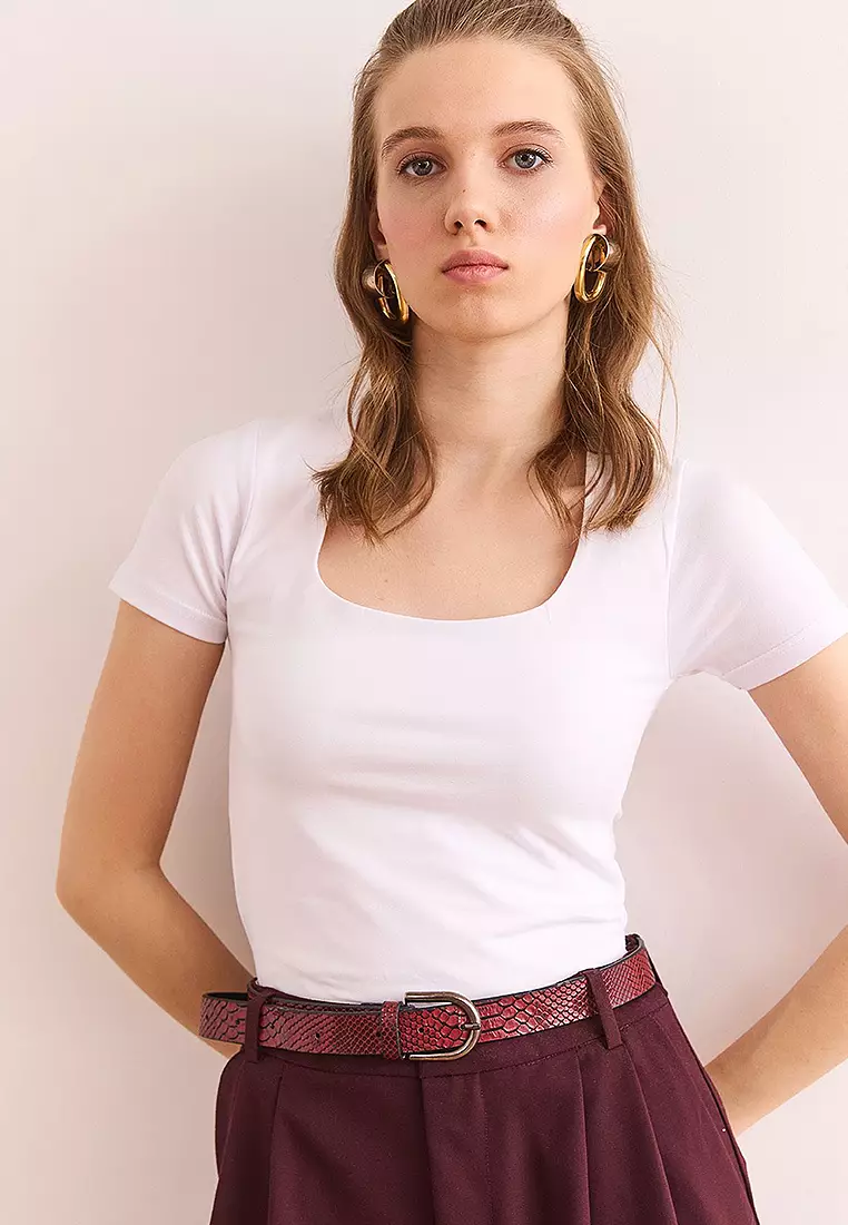 Square Neck Front Double Layer Crop Cotton Blouse