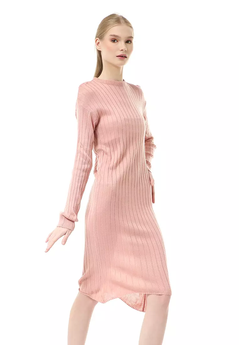 Adela Dress Rajut Tunik Wanita Motif Polos Long Sleeve Relaxed Fit - Dusty