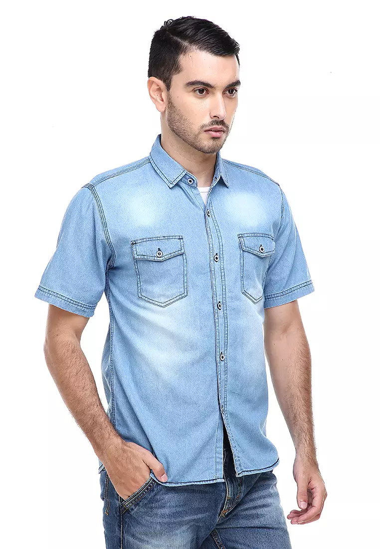 Dwan Casual Shirt Baju Kemeja Jeans Pria Lengan Pendek Material Denim ORIGINAL - Light Blue