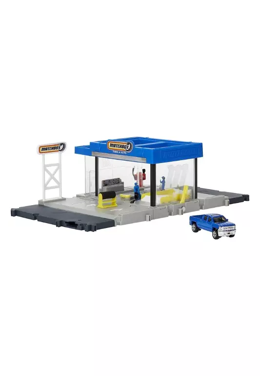 Matchbox Action Drivers Auto Shop Playset with 1 Chevy Silverado, Moving Parts & Figures