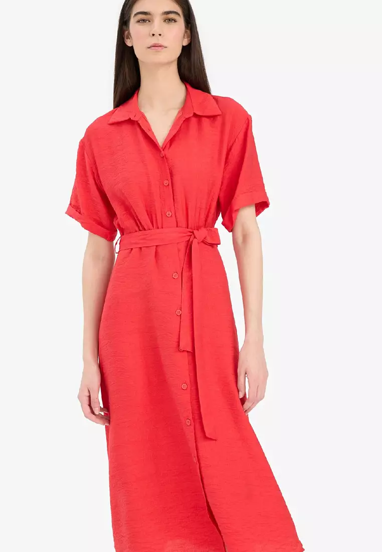 Shirt Collar Belted Short Sleeve Red Midi Summer Dress F2113Ax25Sm