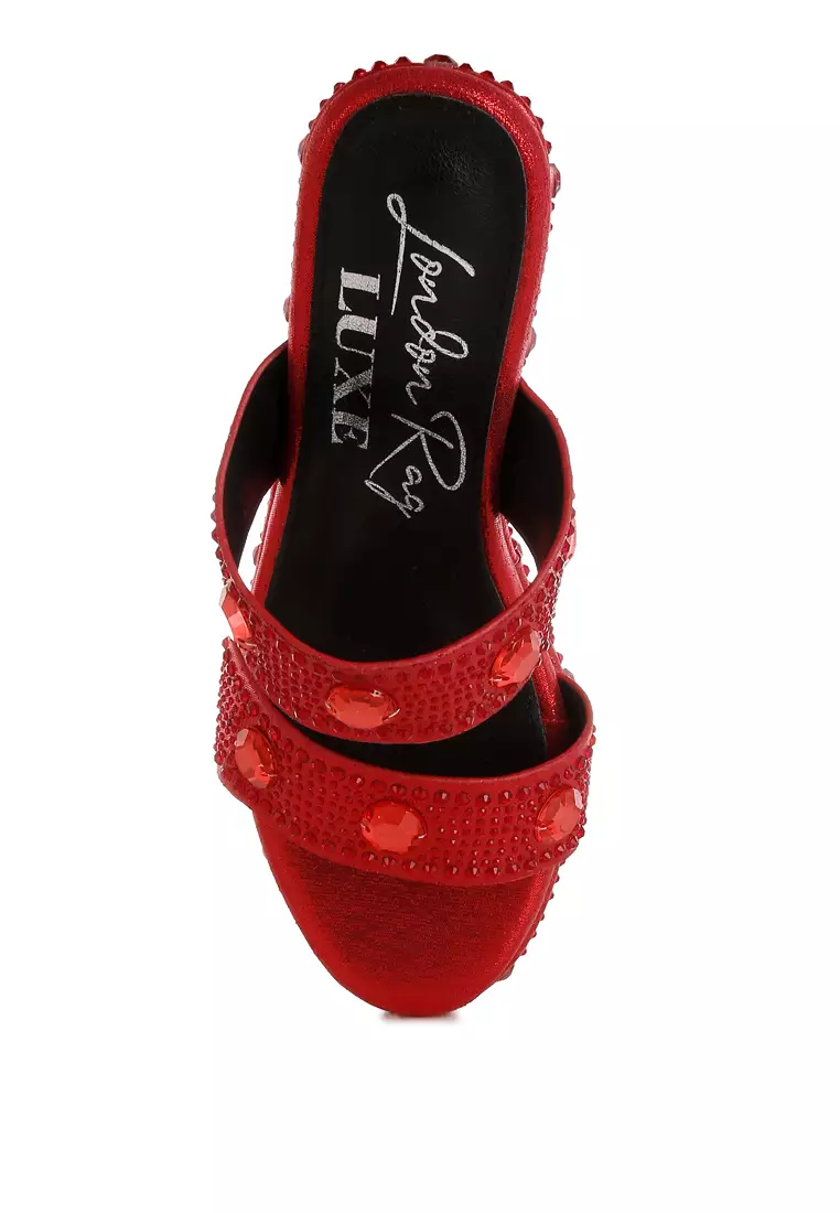 Rhinestone & Diamante Wedge Sandals in Red