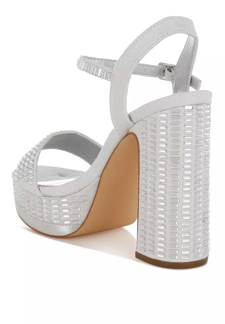 Rhinestones Embellished High Block Heels in Silver