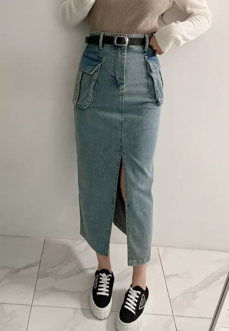 Korean style casual slit denim maxi skirt CA26033034BL