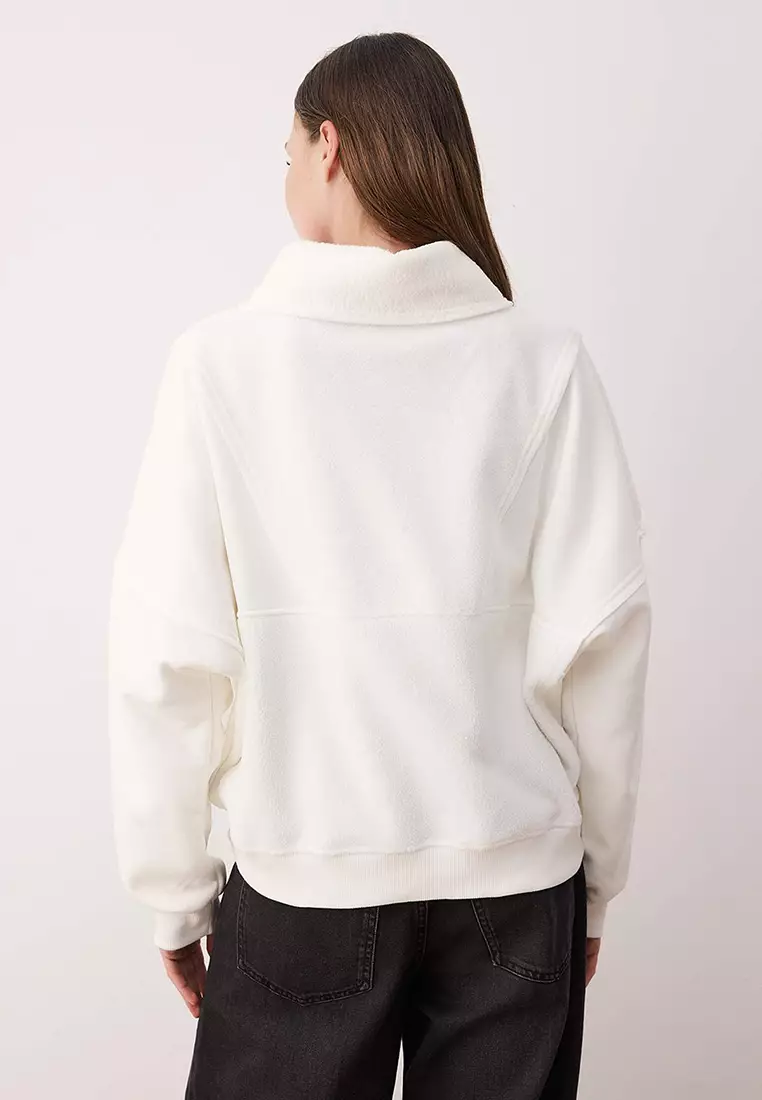 Ecru Regular/Normal Pattern Polar Fleece Zippered Pocket Detailed Thick Knitted Sweatshirt