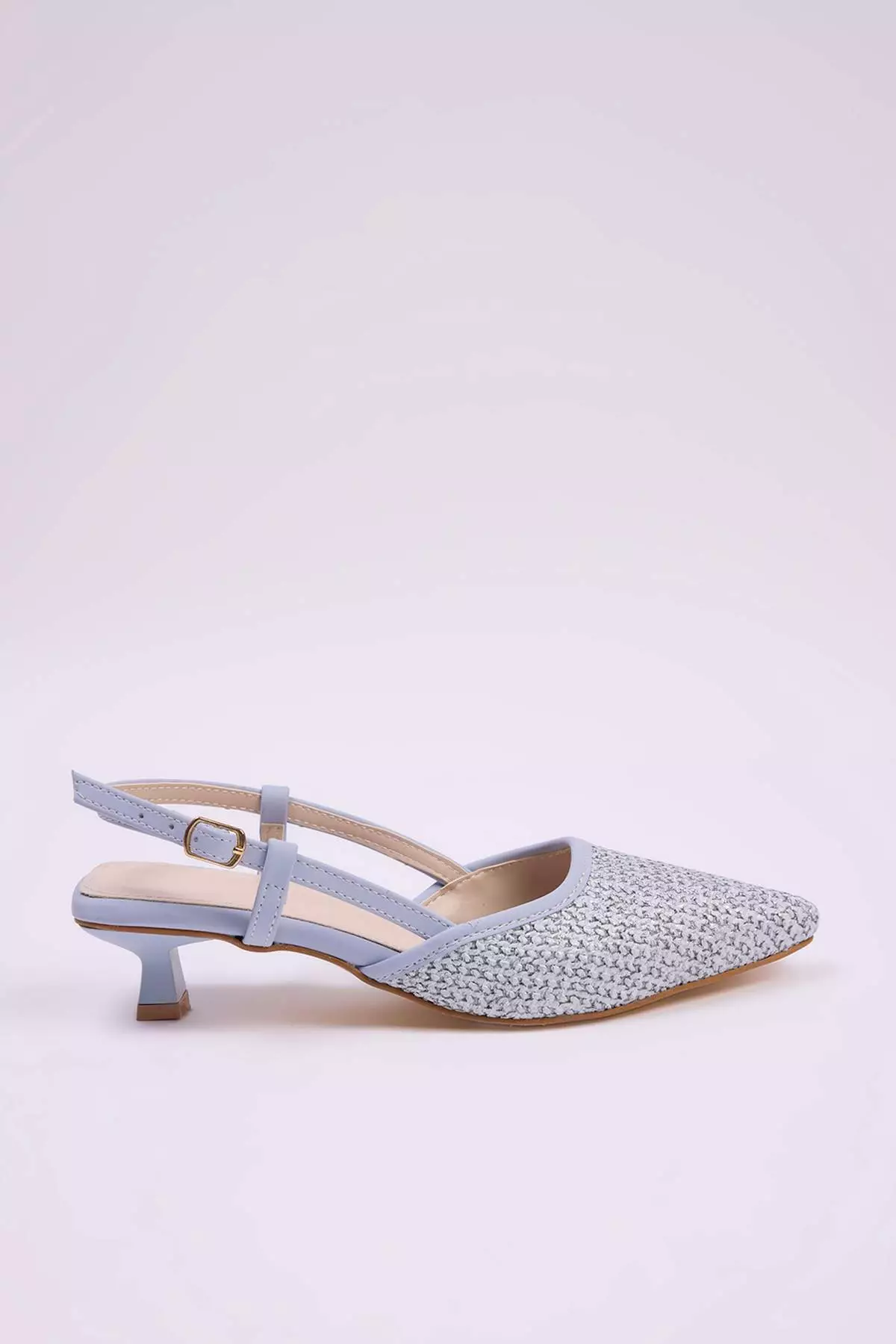 Baby Blue Knitted Detailed Open Back Women's Kitten Heeled Shoes Takss25To00039