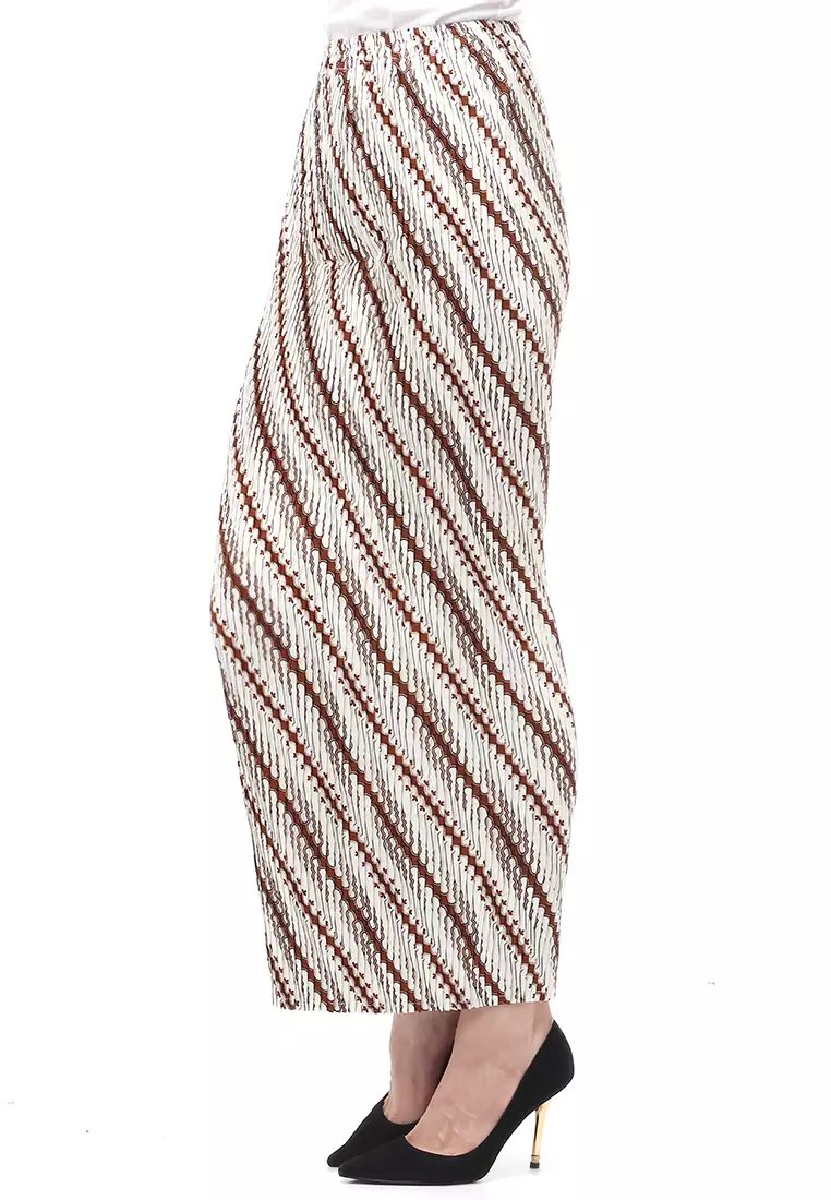 Rok Plisket Motif Batik Bawahan Wanita Design Casual - Parang Putih Coklat