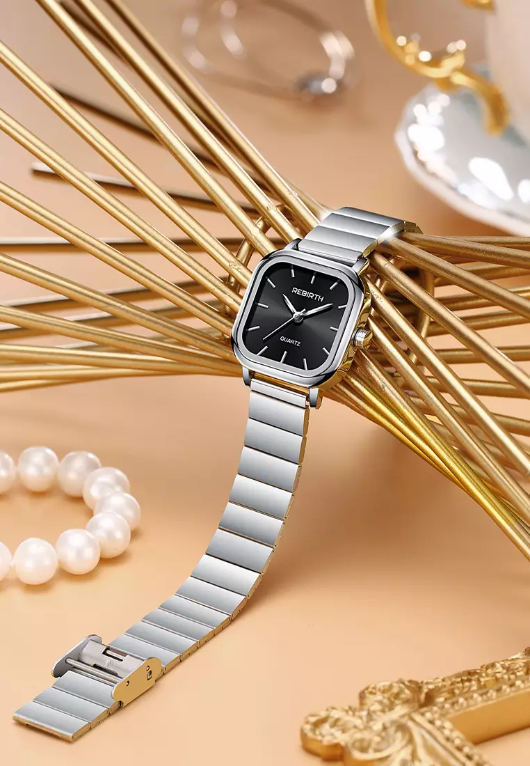 Jam Tangan Wanita Original Square Anggun Tali Stainless Steel perak hitam