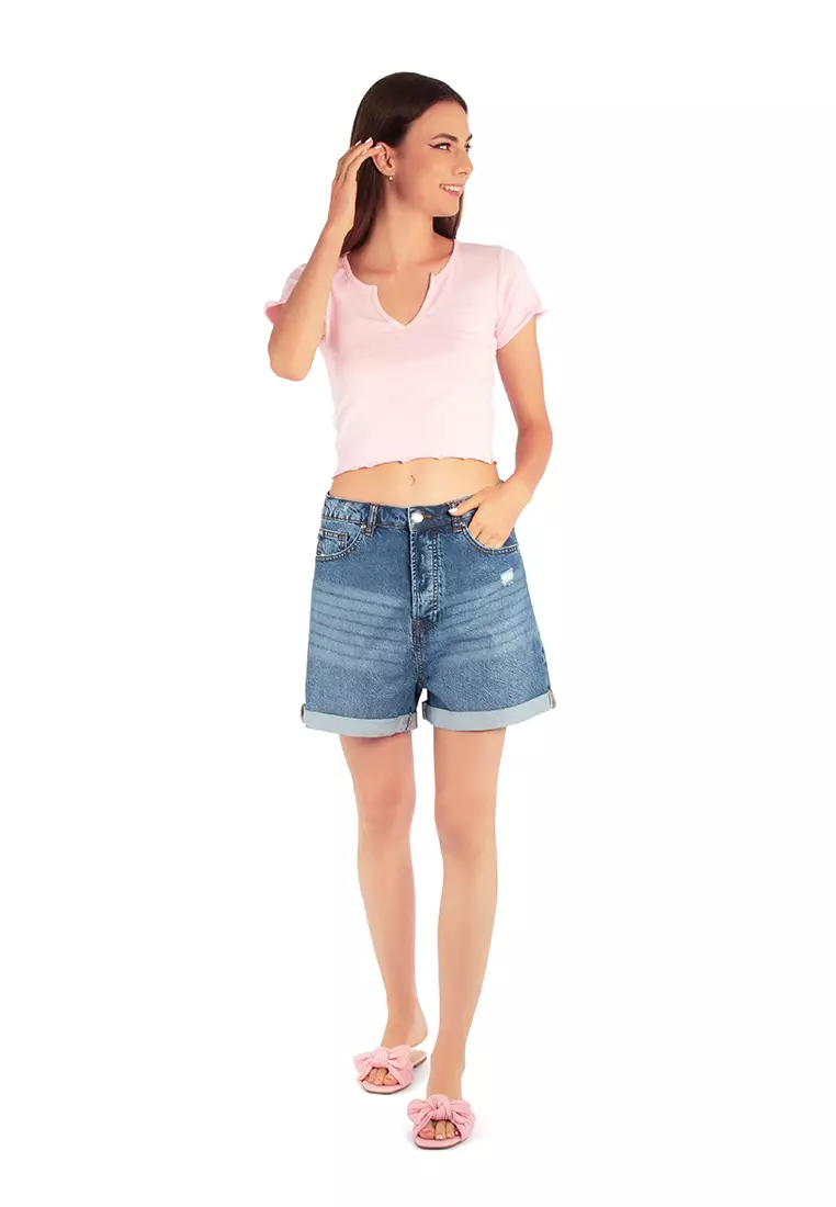 Pink V Neck Rib Knit Top