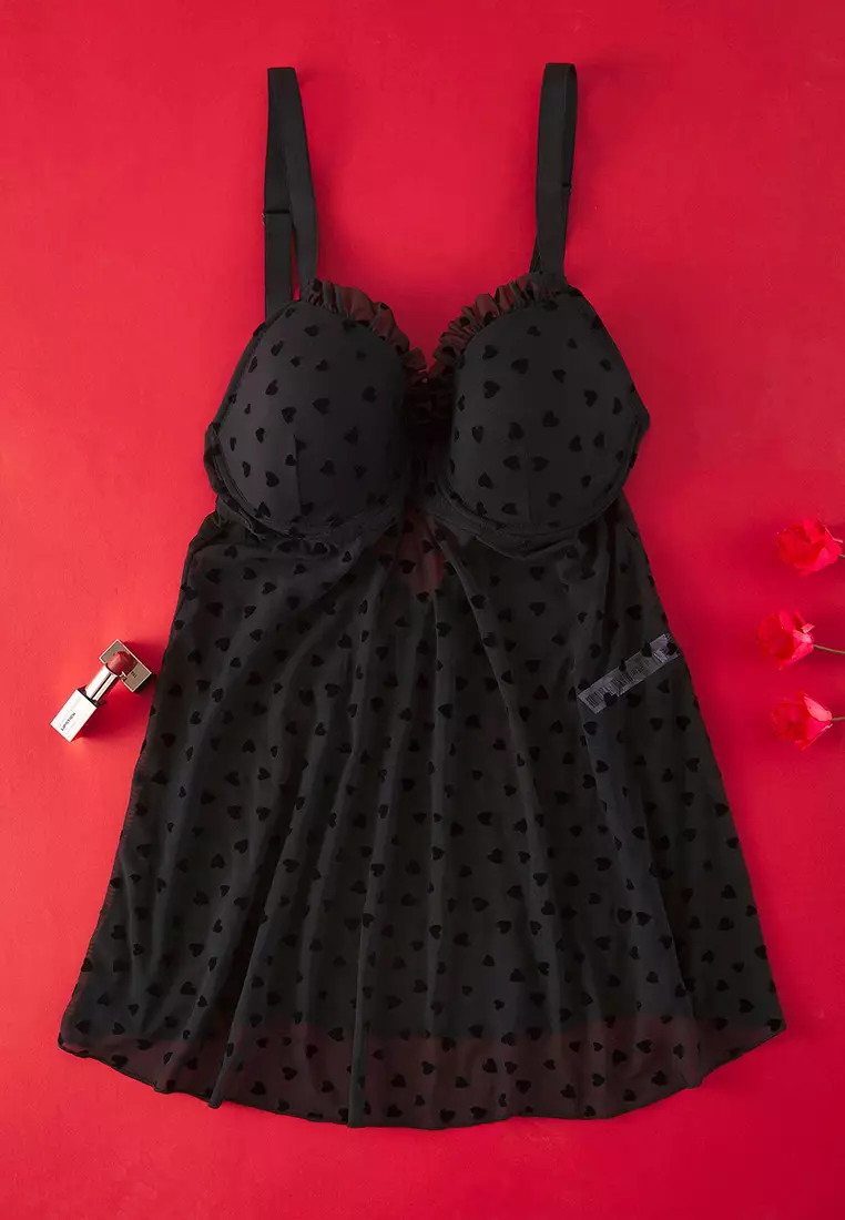 Black Fixed Cover Adjustable Strap Flock Heart Patterned Plus Size Babydoll TBBSS25DH00000