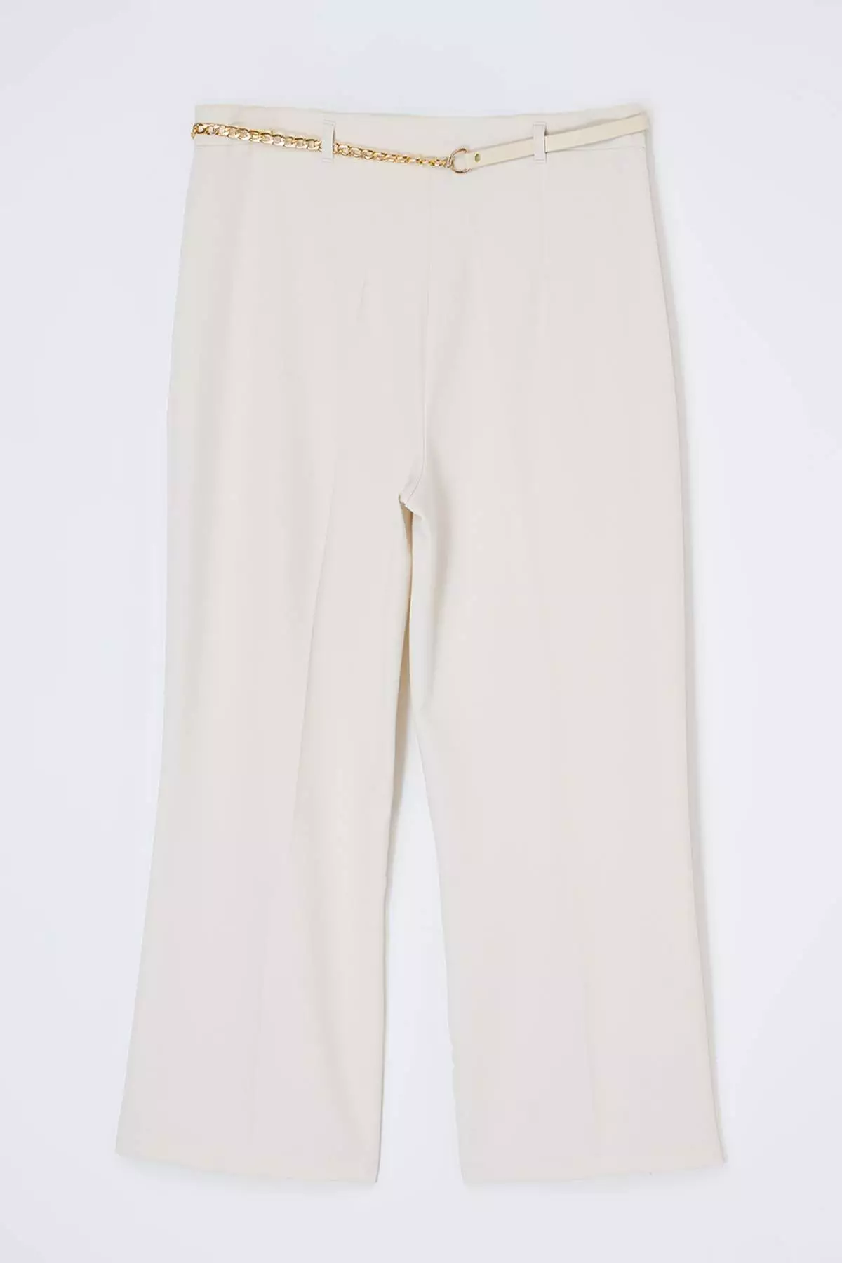 Ecru High Waist Pipe Leg Accessory Detailed Plus Size Woven Trousers Tbbss26Ar00015