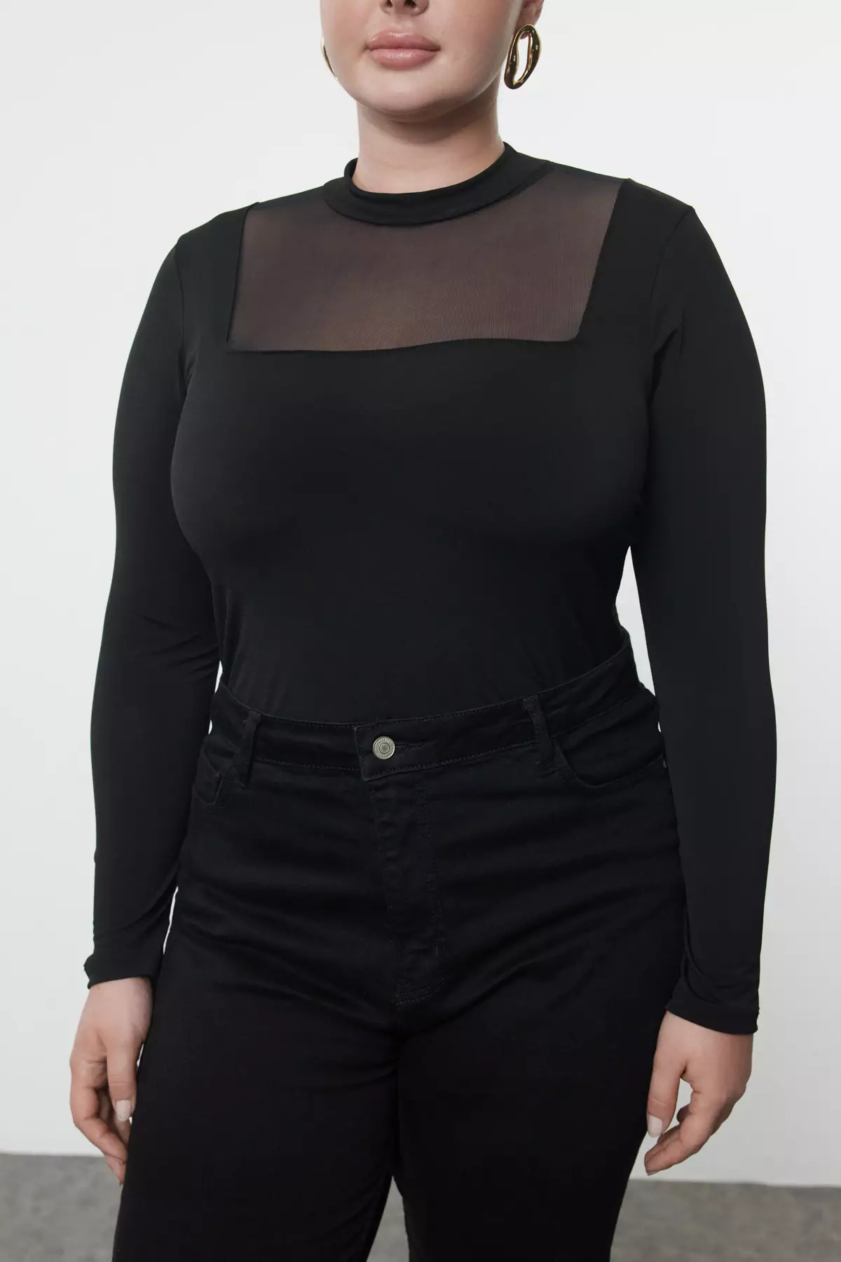 Black Fitted/Fits The Body Tulle Detailed Long Sleeve Stand Collar Flexible Snap Knitted Bodysuit