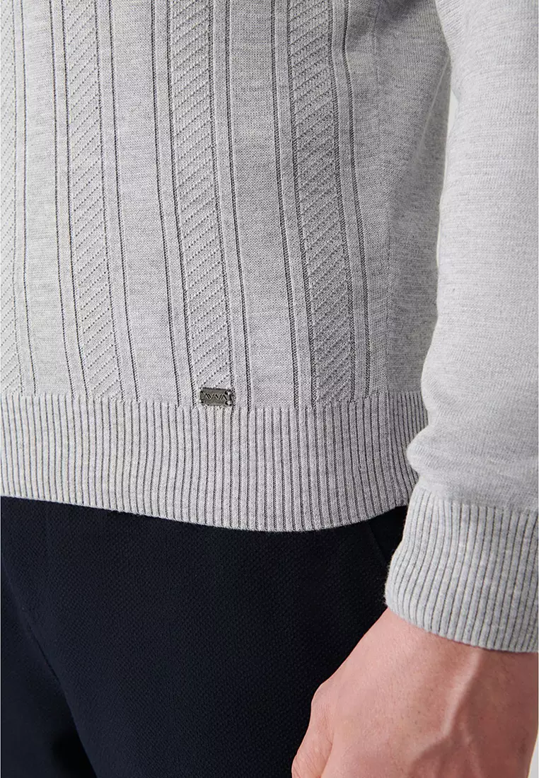 Men's Gray Crew Neck Patterned Knitwear Sweater A32Y5158