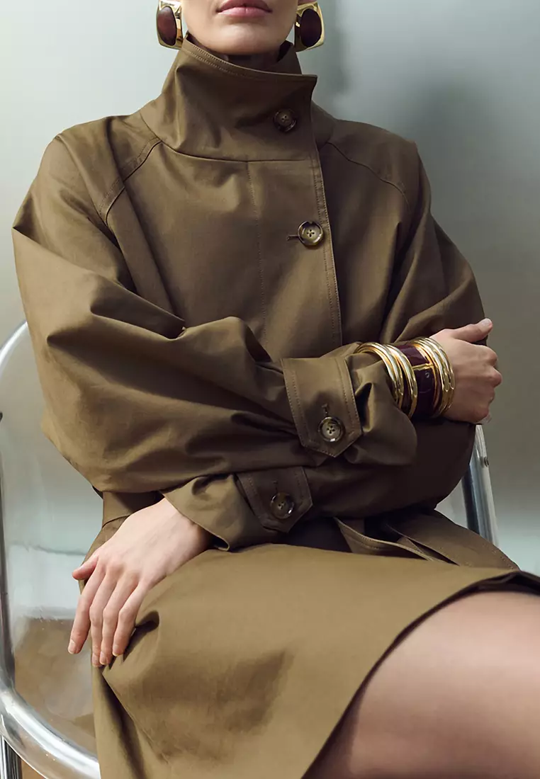 Funnel Neck Belted Trench Coat