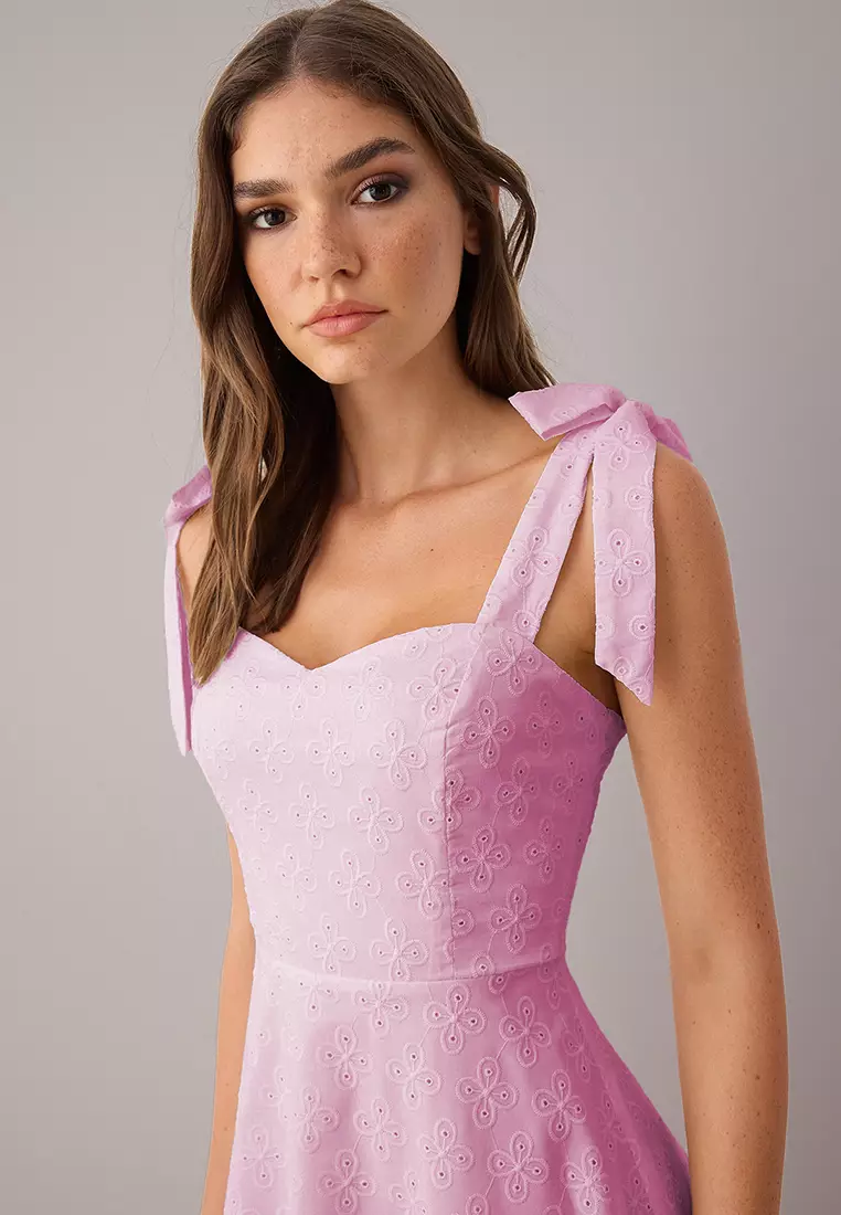 Embroidered Tie Shoulder Dress