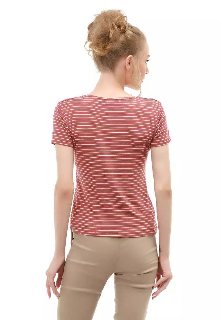 Genevie Blouse Kasual Wanita Lengan Pendek Model Salur Variasi Kerut Tengah Material Cotton ORIGINAL - Bata