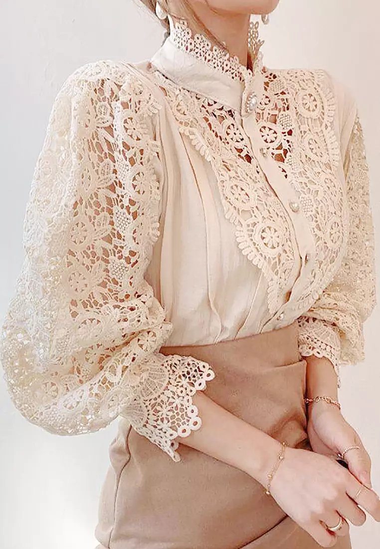 VANSA Lace Cutout Long Sleeve Shirt VCW-Bs1880