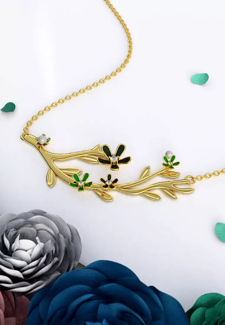 Petalia Olive Green Necklace Featured SWAROVSKI® Crystals in Gold