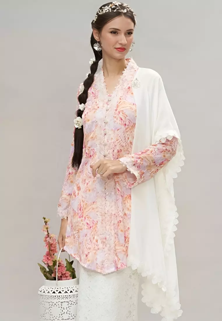 Pink Floral Lace Trimming Kebaya Top
