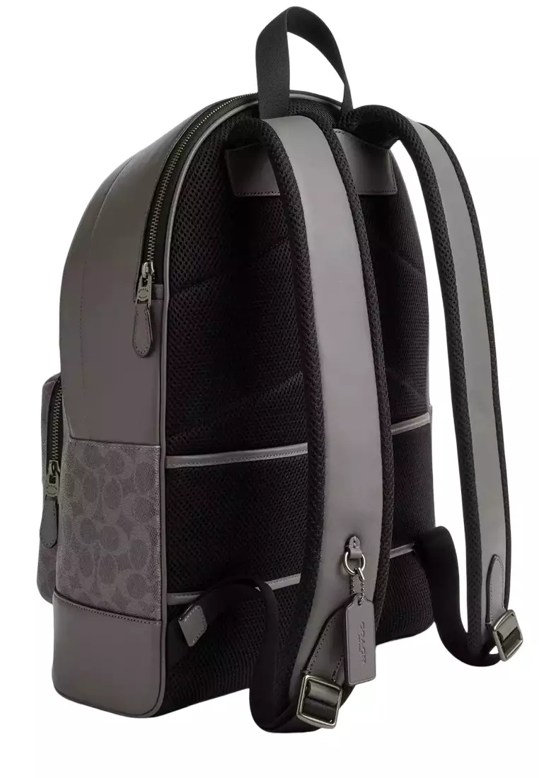 West Backpack Bag In Signature Canvas With Varsity Stripe - Grey/ Ochre/ Chalk CV922