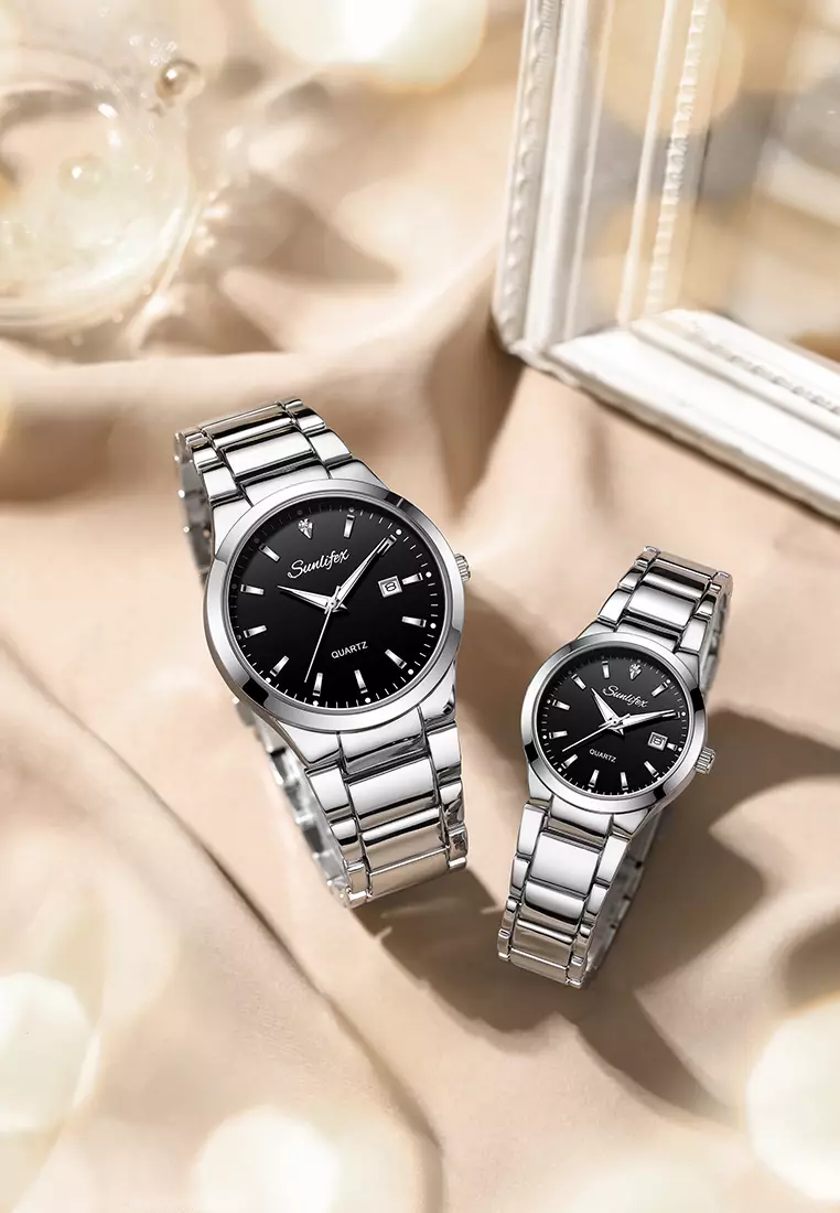 Jam Tangan Couple Original Tanggal Luminous Santai Tali Stainless Steel Jam Tangan Pria/Wanita 9108 silverblack