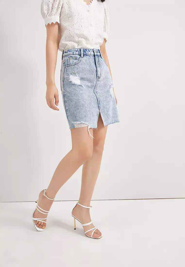 Acid Wash Front Slit Denim Short Skirt