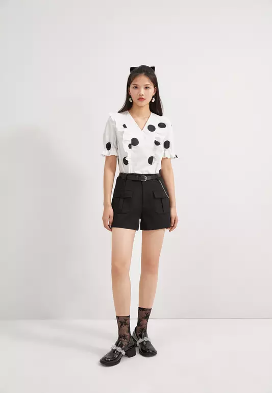 Ruffle V-Neck Polka Dot Top