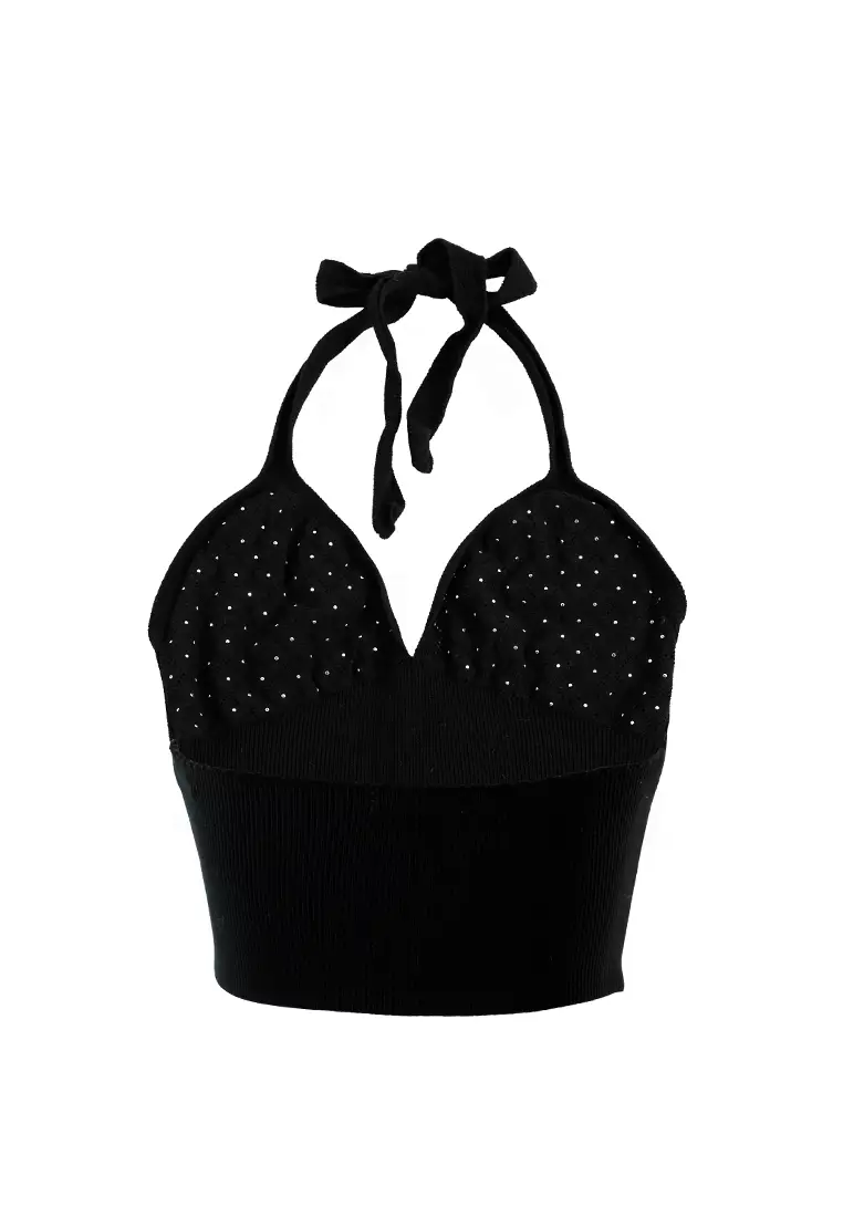 Atasan Leher Halter Rajutan Trim Mutiara dalam Warna Hitam