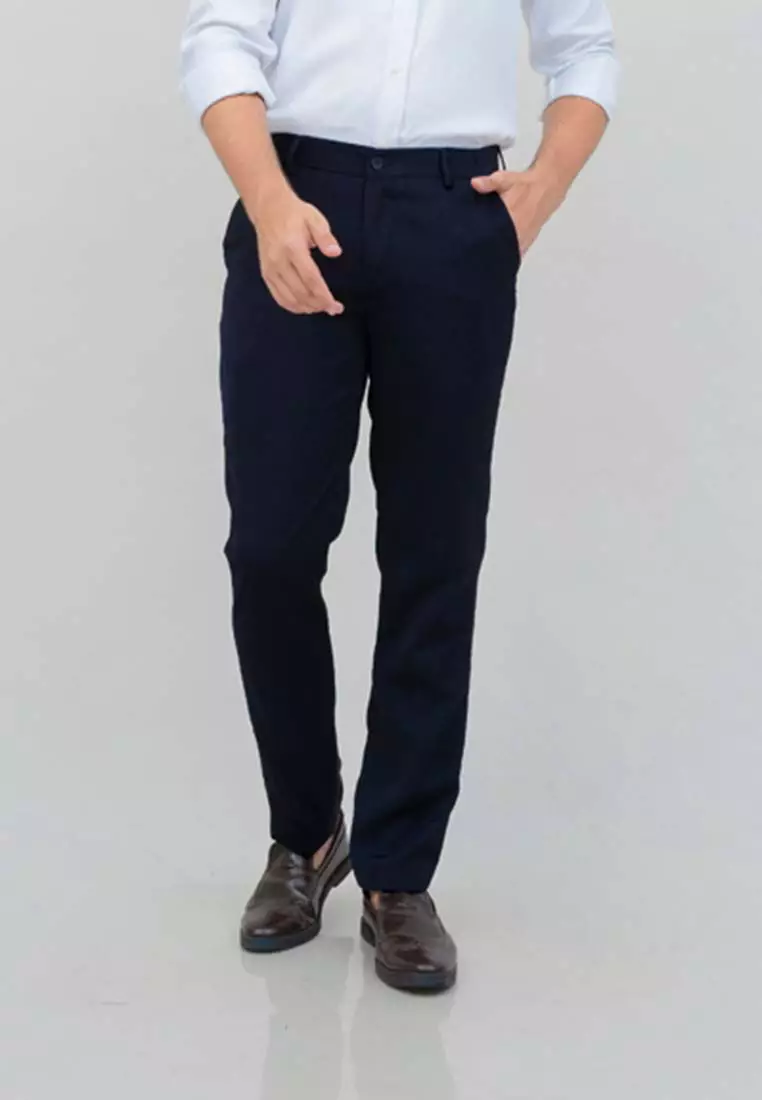 Celana panjang pria kerja formal bahan slim fit PINGGANG KARET Navy houseofcuff