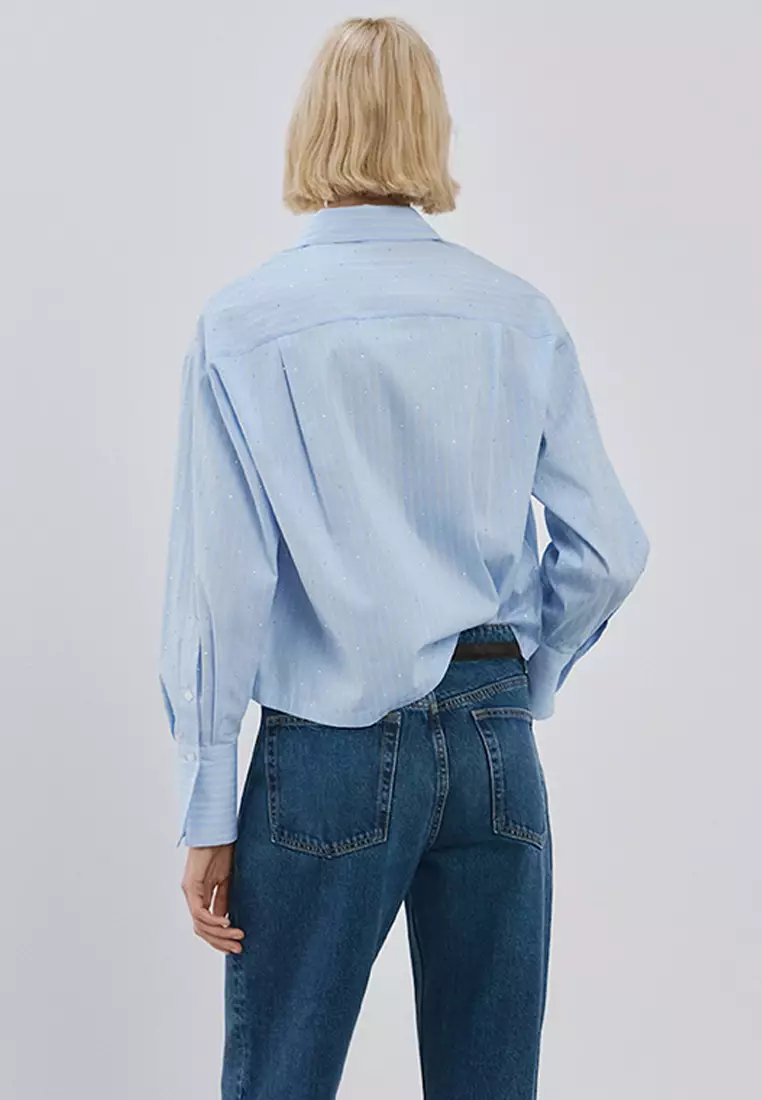 Rhinestone Striped Cropped Shirt