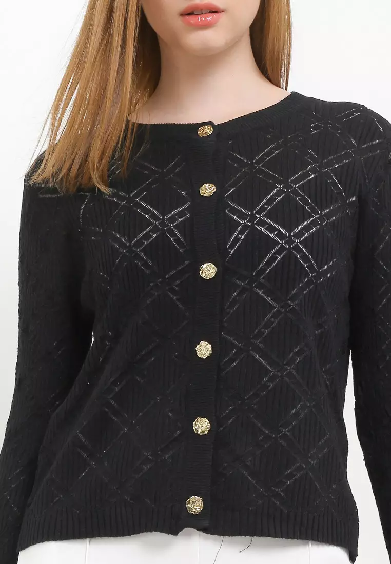 L/S Diamond Pattern Knit Cardigan W/ Rose Buttons