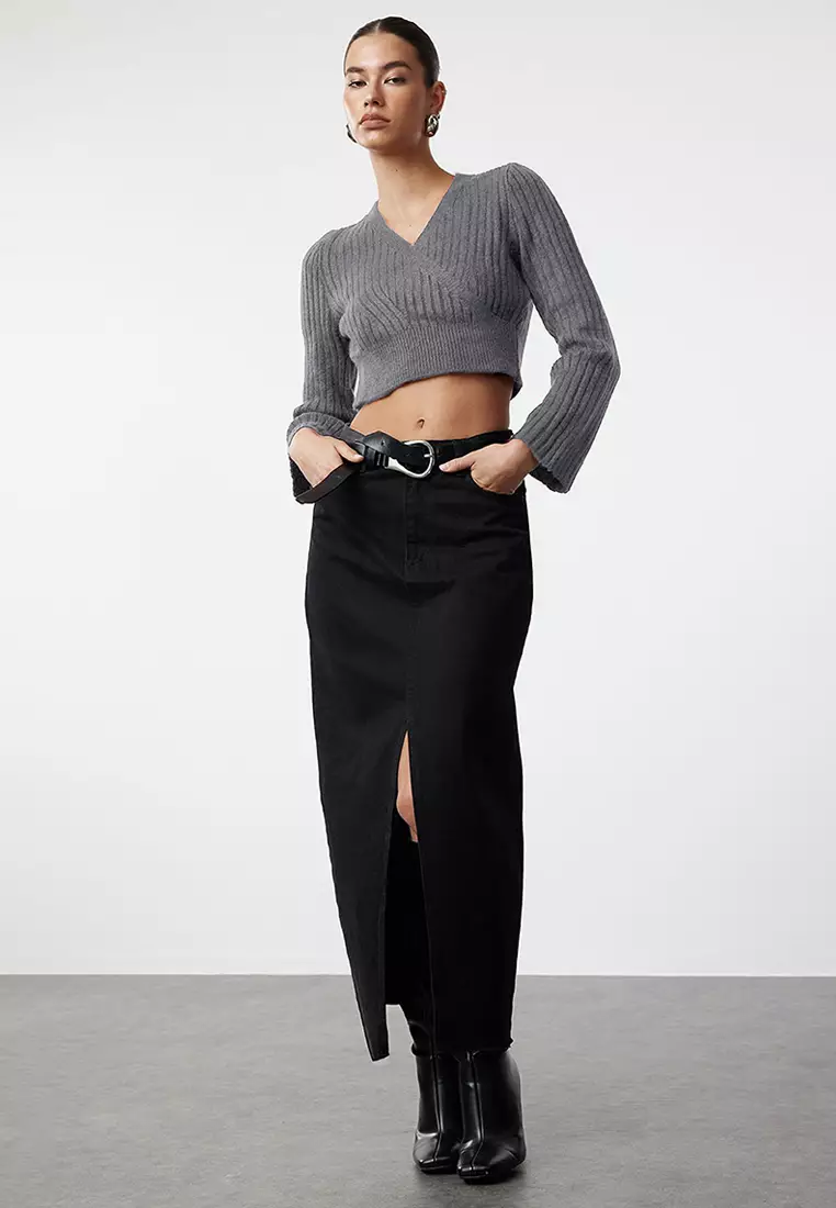 Anthracite Crop Soft Textured Double Breasted Knitwear Sweater