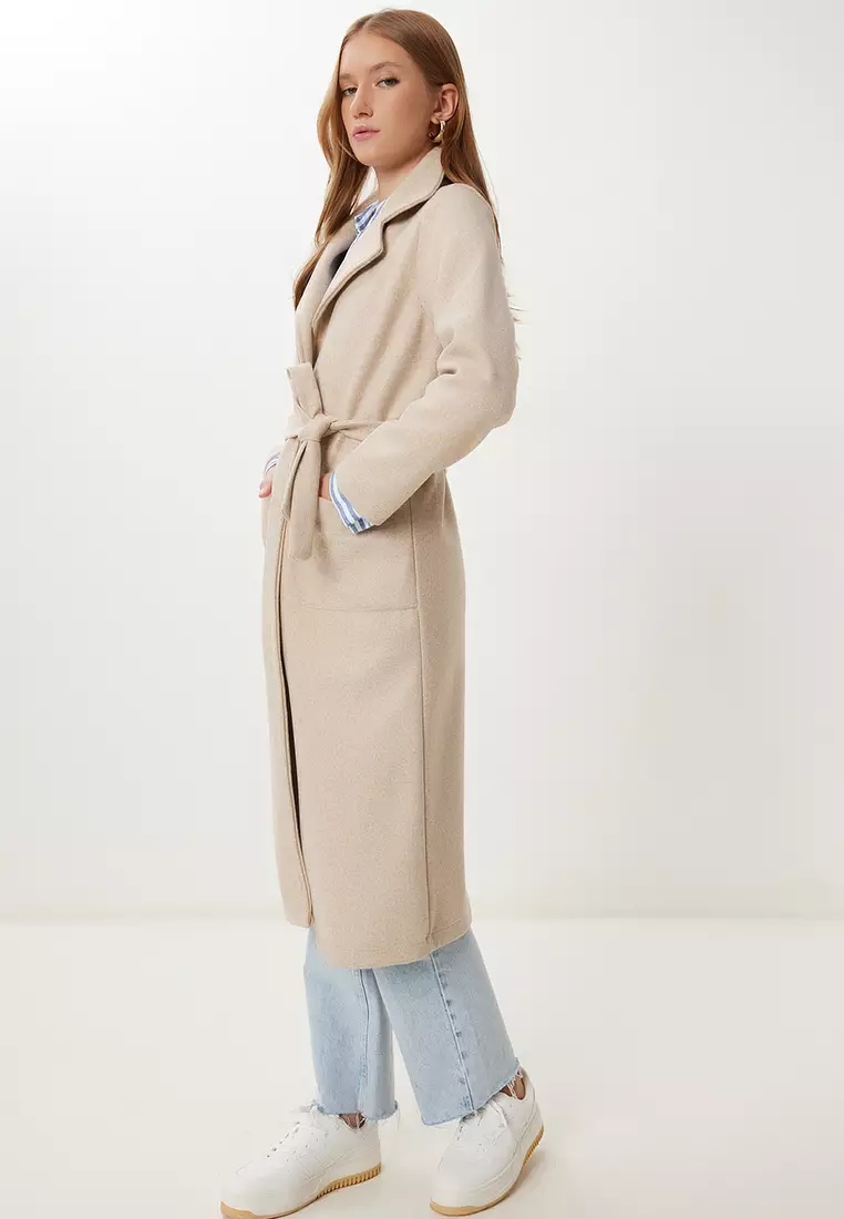 Women's Beige Double Breasted Collar Belted Cashmere Coat Mx00253