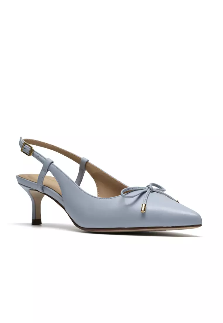 Womens Zarey Bow Heeled Mules Light Blue Lea - Wide Fit