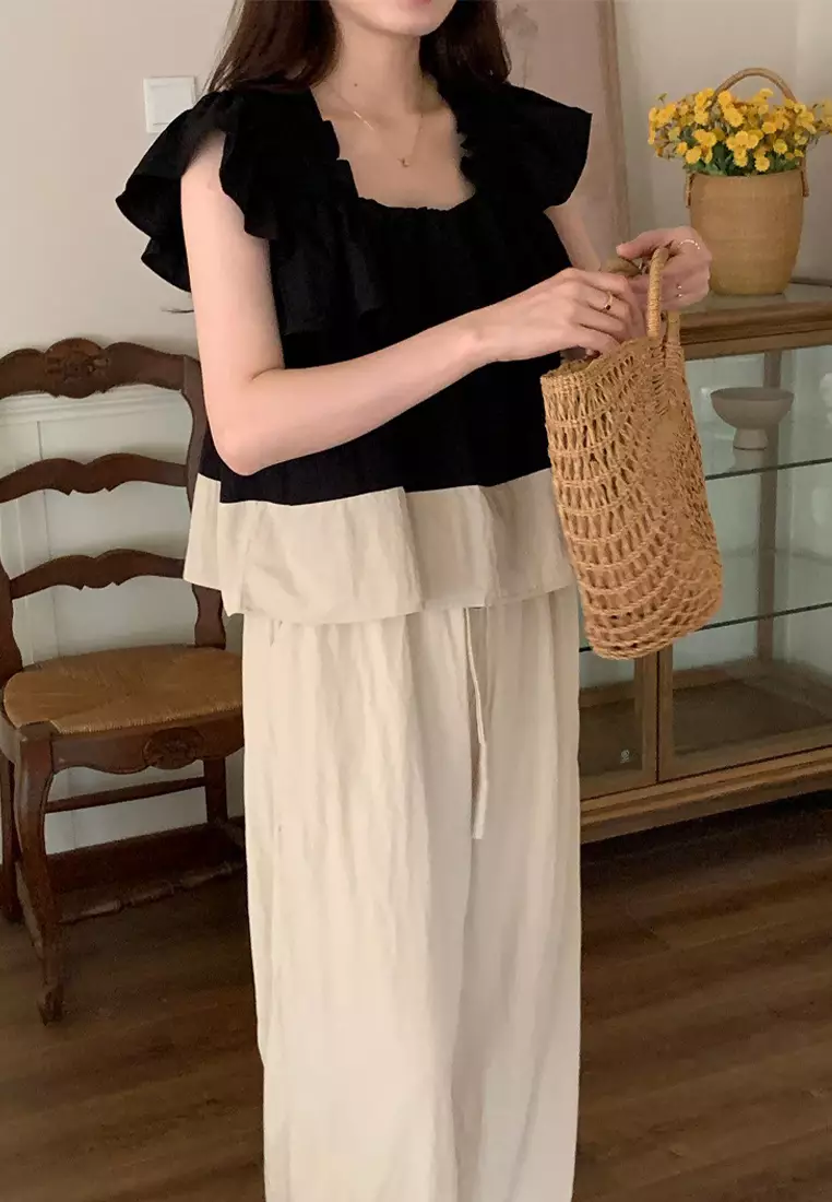 Korean style square neck contrasting shirt casual pants set CA25042255BE