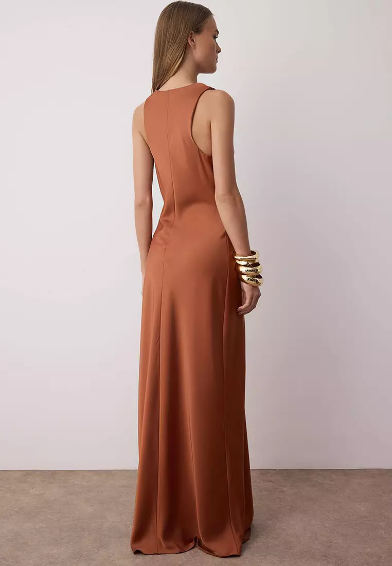 Brown Body Fitting Satin Maxi Evening Dress