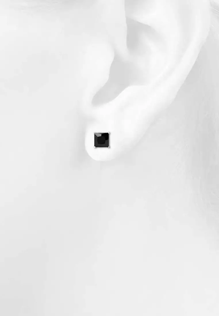 Black Square Cz Earrings-White Gold/Black