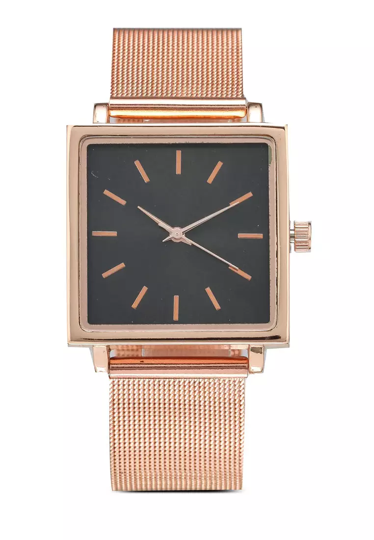 NUVEAU Square Face Gold Black Mesh Strap Watch ZALORA