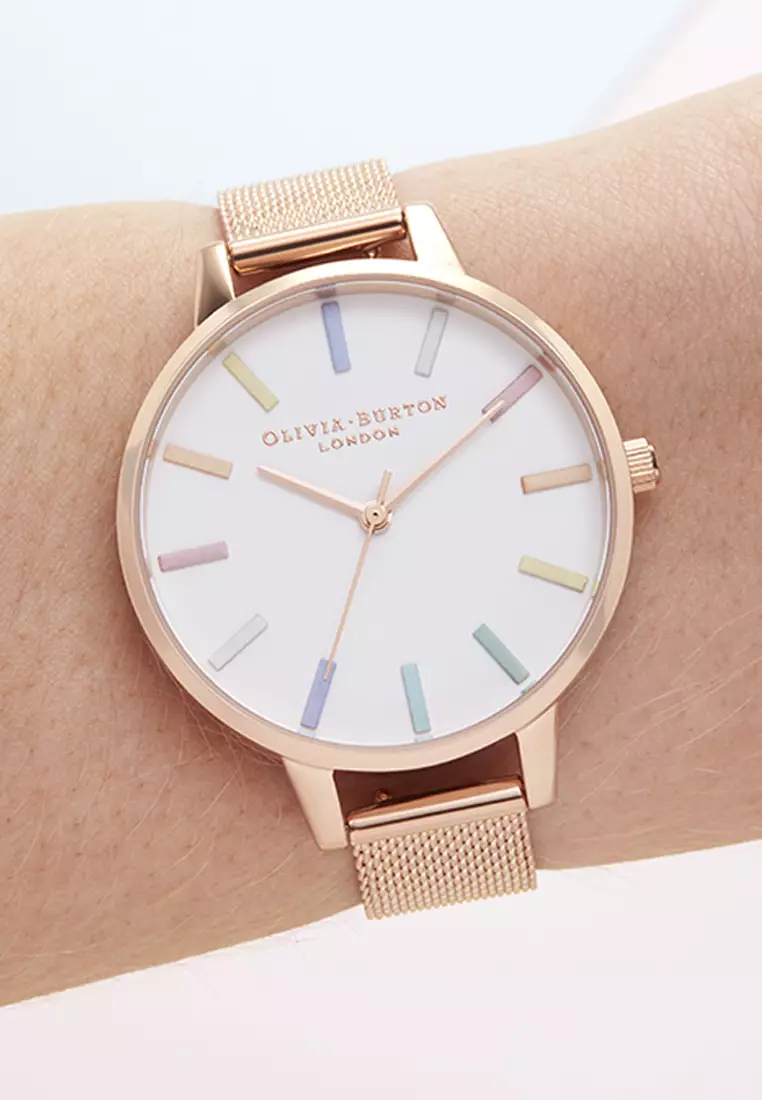 Olivia Burton Rainbow White Demi Dial Rose Gold Mesh Watch - OB16RB24