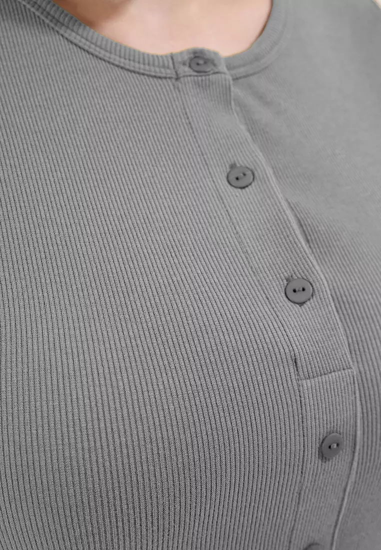 Grey Button Detail Fitted Corduroy Knitted Plus Size Blouse TBBSS25AF00060