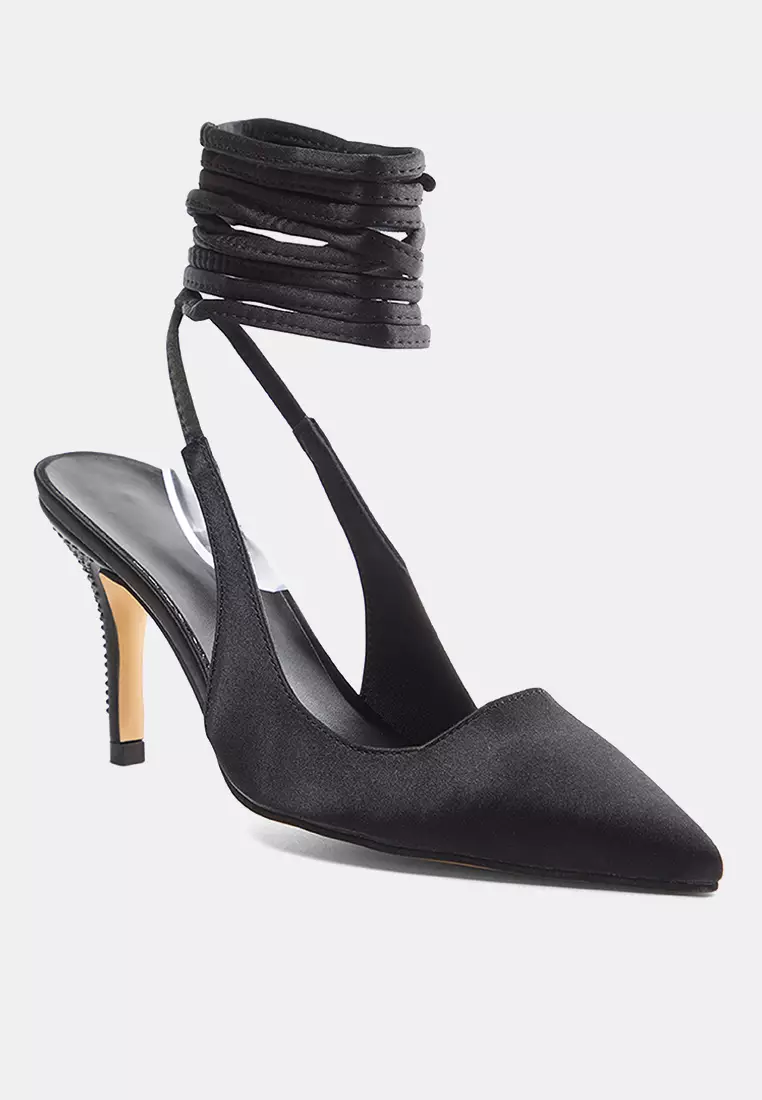 Black Satin Shiny Stone Embroidered Lacing Detailed Evening Dress Women's Thin Heeled Shoes Takaw25To00005