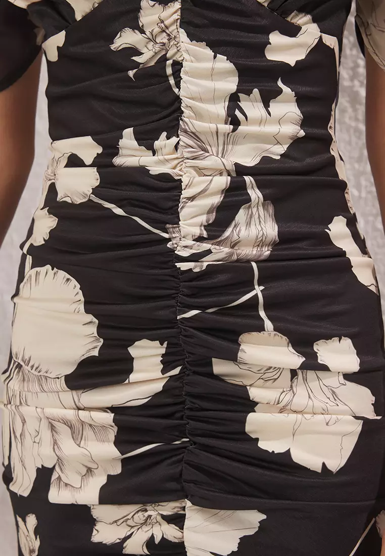 Black Floral Pleated Detailed Maxi Knitted Chic Dress TPRSS25EL00296