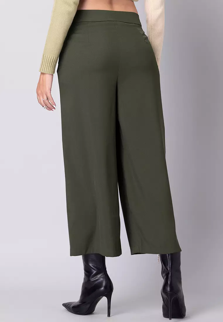 Buy FabAlley Olive Belted High Waist Flared Trousers 2024 Online