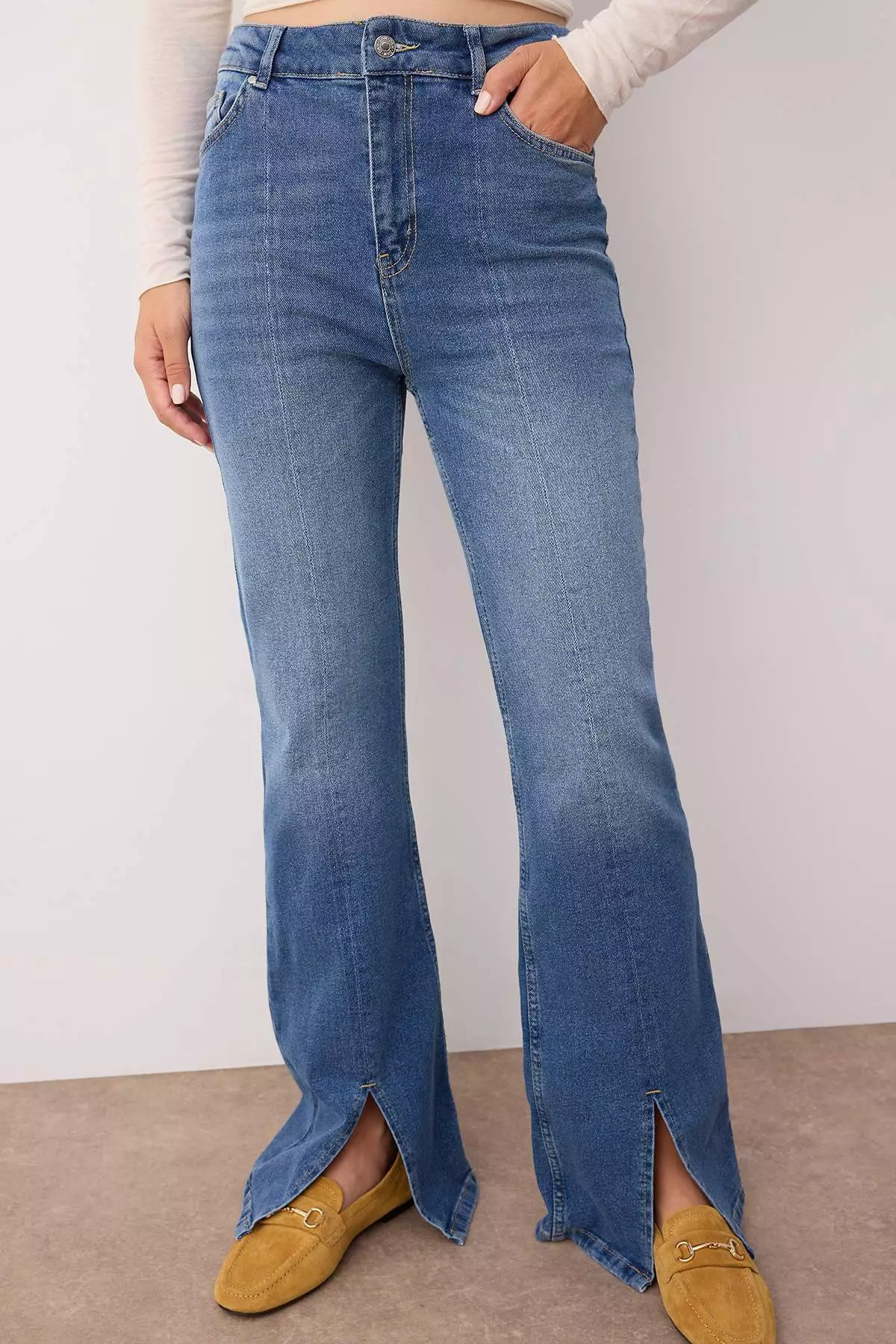 Blue Slit Detailed High Waist Flare Jeans