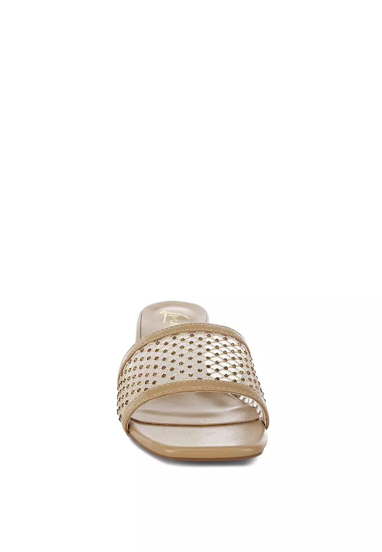 Rhinestone Studded Slip-On Heels In Beige