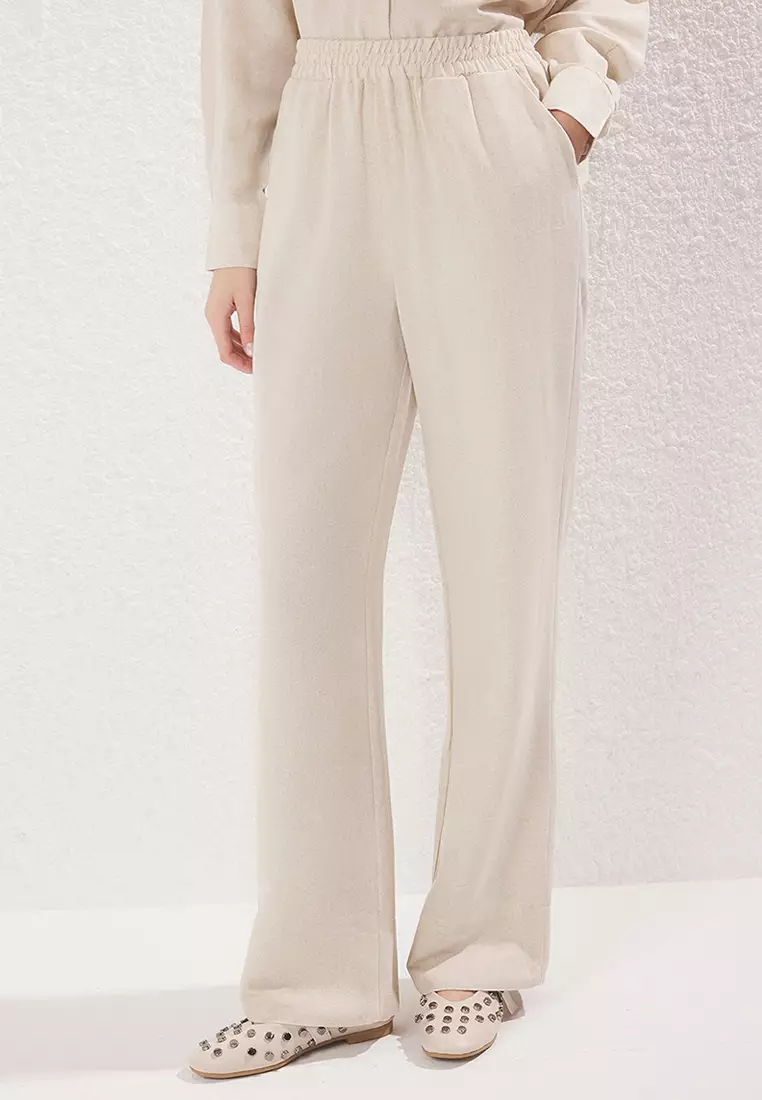 Beige Linen Look Mother-of-Pearl Buttoned Woven Bottom-Top Set TCTSS25US00029